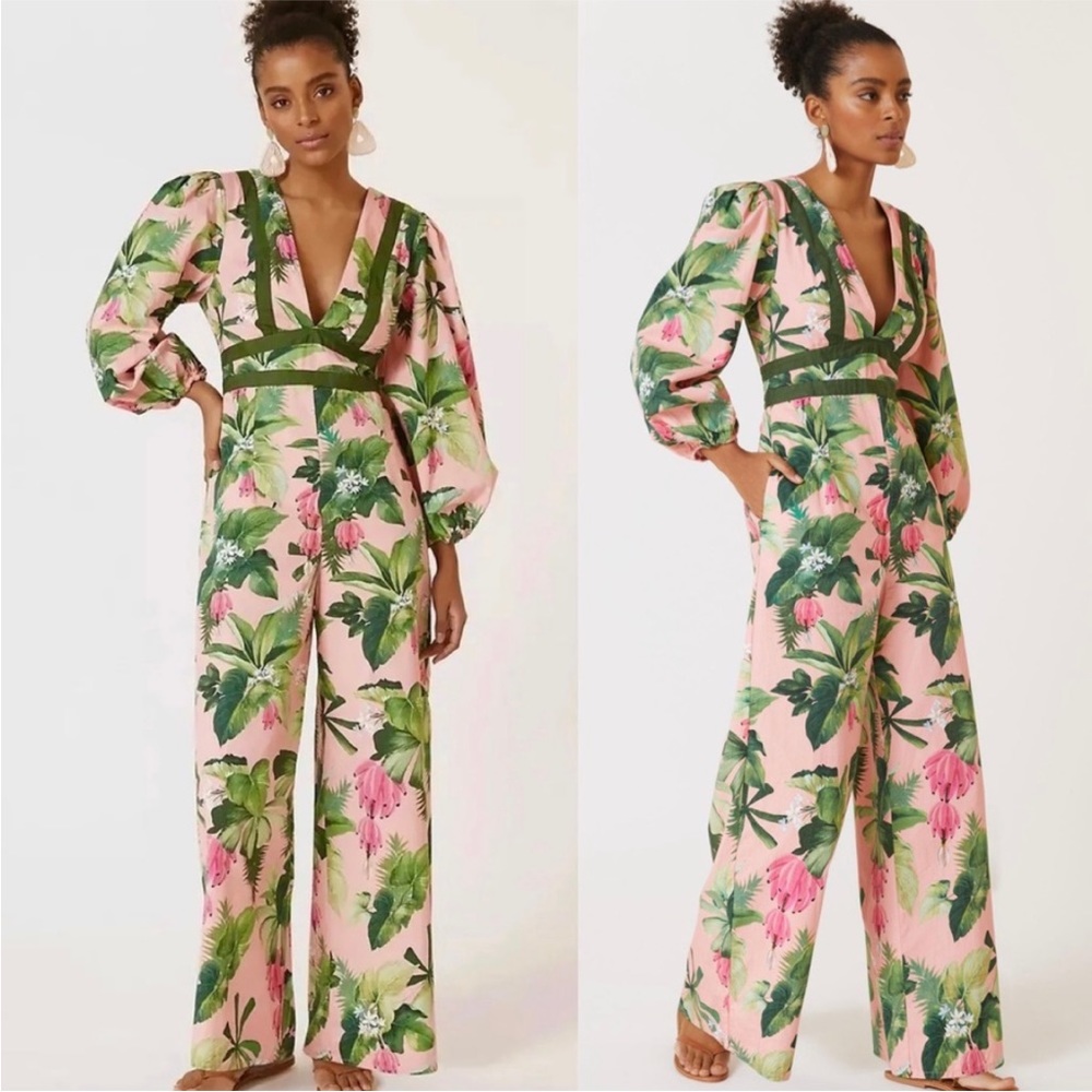 Farm Rio Anthropologie Deep V-neck Wide Leg Jumpsuit Size Xs